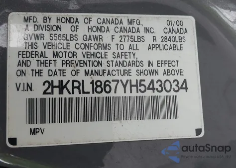 2000 Honda Odyssey Ex from USA, damaged, VIN 2HKRL1867YH543034
